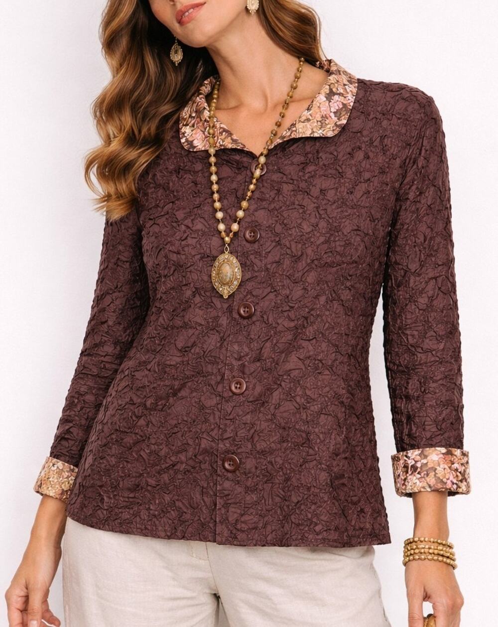 Savvy Floral Crinkle Two Tone Reversible Top Medium Boho Eclectic Art To Wear